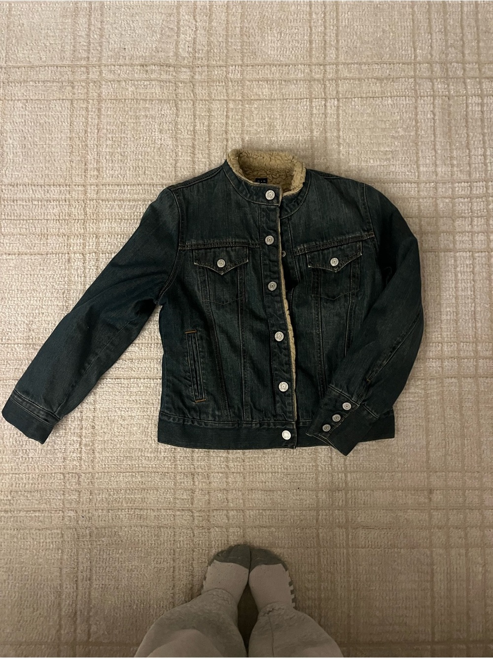 GAP Black Denim Jacket with Tan Sherpa Collar
